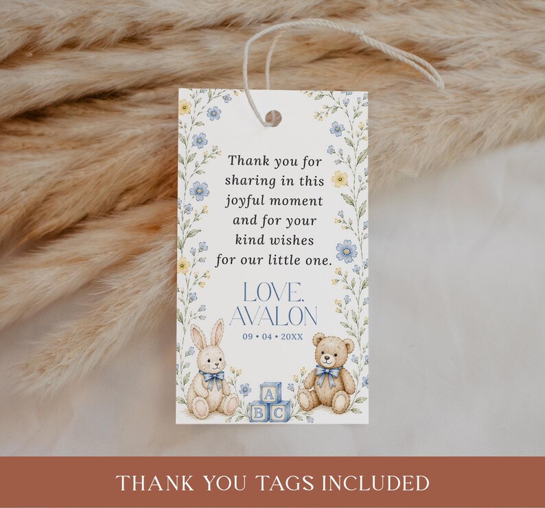 Blue Floral Nursery Baby Shower Invitation, Vintage Teddy Bear Bunny ...