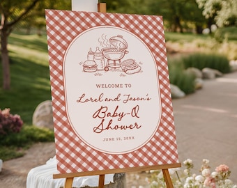 Tabliczka powitalna na baby shower Baby-Q, edytowalna tabliczka na baby shower z grillem, plakat na baby shower z grillem w ogrodzie, ogłoszenie płci na grillu dla kobiet i mężczyzn BQ12