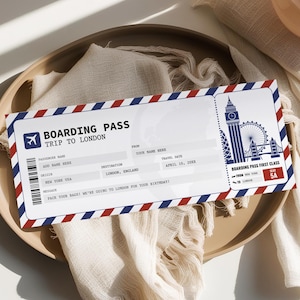 Carte d'embarquement modifiable pour Londres, billet de voyage surprise pour Londres, bon de voyage pour Londres imprimable, billet d'avion, modèle de billet de voyage