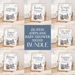 Blue Airplane Baby Shower Signs Bundle, 8 Vintage Airplane Baby Shower Table Sign Template, Printable Airplane Baby Shower Party Decor AP13