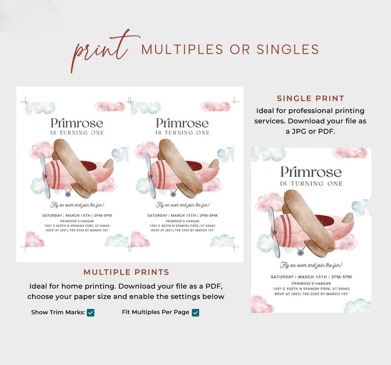 Pink Airplane Birthday Invitation, Editable Girl Pilot Birthday Invitation, Time Flies Invitation, Vintage Airplane Birthday Party AP13 image 7
