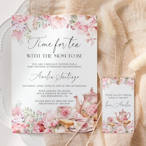 Erröten Sie rosa Blumentee-Babyparty-Einladung EDITIERBARE, Zeit für Tee mit der Mutter, um Einladung zu drucken, Nachmittagstee-Party AT28