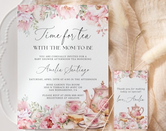 Blush Pink Floral Tea Baby Shower Invitation EDITABLE, Time For Tea With The Mom To Be Invitation Printable, Afternoon Tea Party AT28