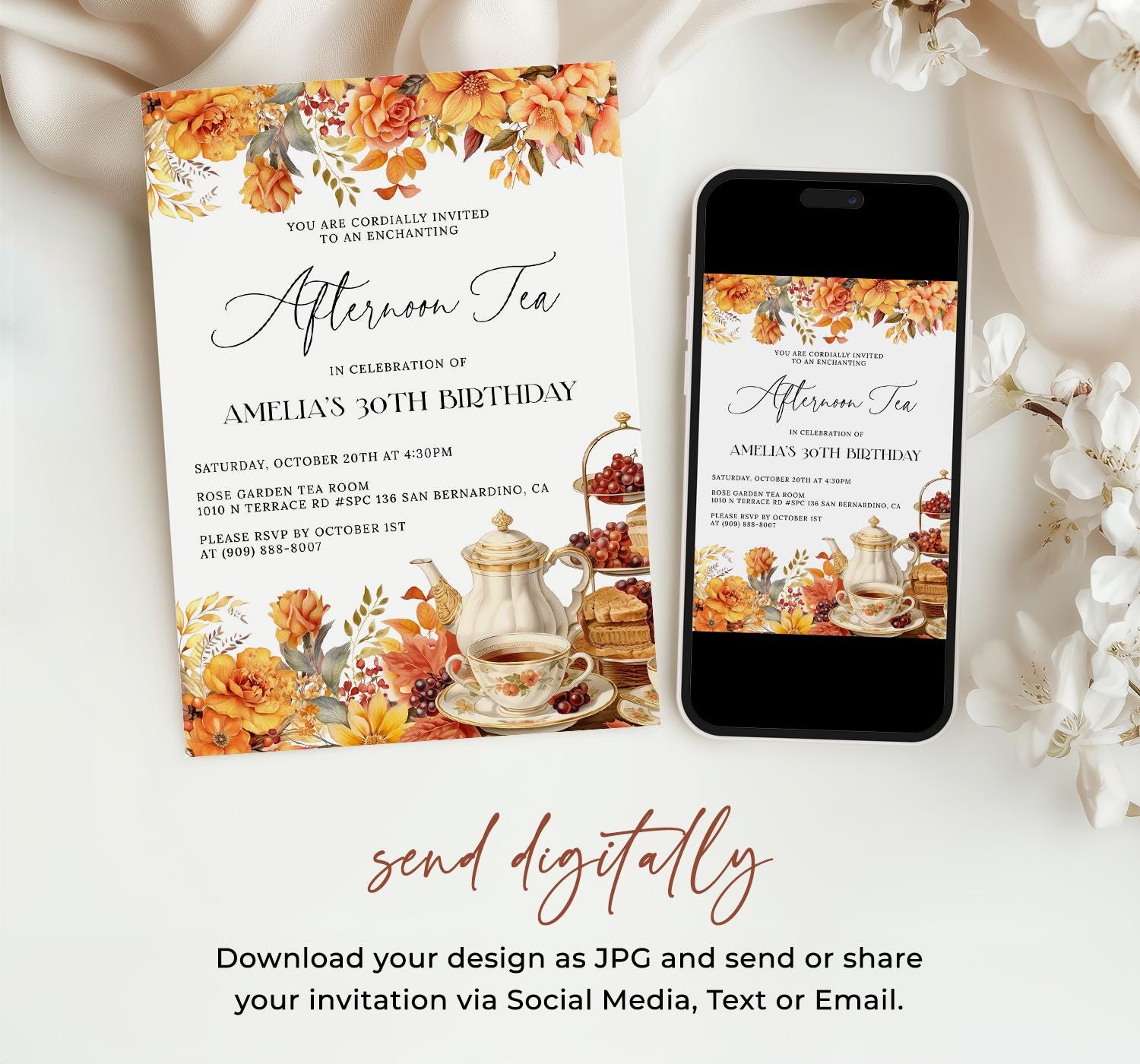 Fall Tea Birthday Party Invitation EDITABLE Autumn Floral Afternoon fall-tea-birthday-party-invitation-editable-autumn-floral-afternoon