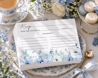 PRINTED Something Blue Bridal Recipe Cards, Floral Bridal Shower Recipe Request Cards, Wedding Shower Keepsake Cards For Bride, Double Sided
