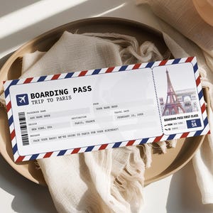 Carta d'imbarco per Parigi MODIFICABILE, Biglietto regalo a sorpresa per un viaggio a Parigi, Voucher di biglietto aereo falso stampabile, Biglietto aereo, Viaggio a Parigi