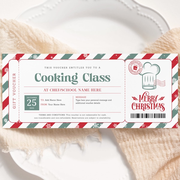 Cooking Class Christmas Gift Voucher EDITABLE, Cooking Lesson Certificate Printable, Cooking Class Ticket Invitation, Baking Class Coupons