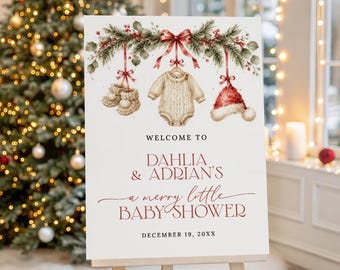PRINTED Christmas Baby Shower Welcome Sign, Merry Little Baby Shower Sign, Holiday Winter Baby Shower, Personalized Foam Board Poster ML17