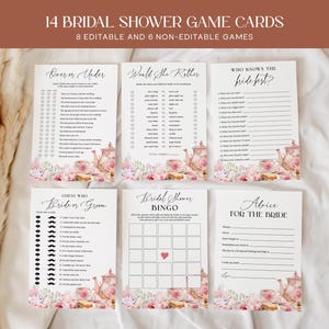 Paquete de juegos para despedida de soltera con temática floral, tarjetas de juegos para la merienda, actividades para la fiesta de té nupcial, imprimible editable AT28