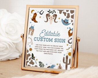 Custom Cowboy Party Sign EDITABLE, Western Birthday Table Sign Template Printable, Cowboy Baby Shower Sign, Wild West Rodeo Party Decor CB31