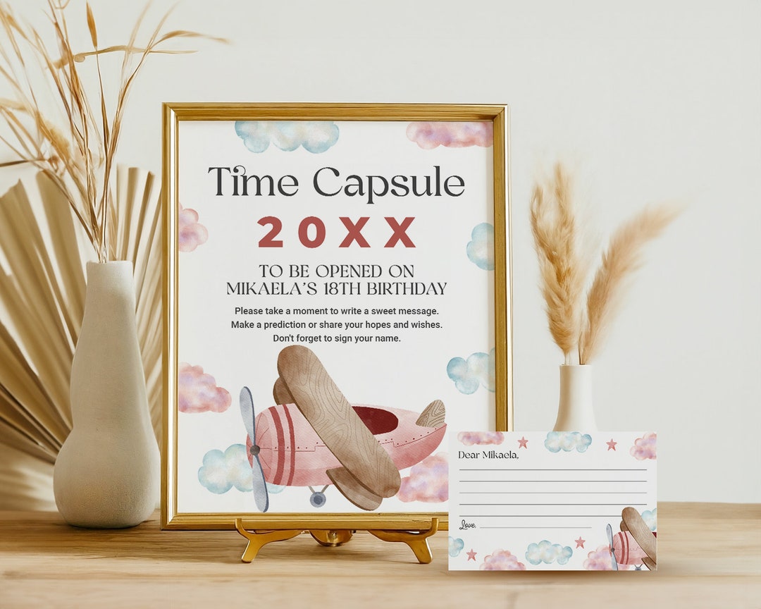 Capsule Sign Examples Pink Airplane Birthday Time Capsule Sign and Card EDITABLE, Vintage ...