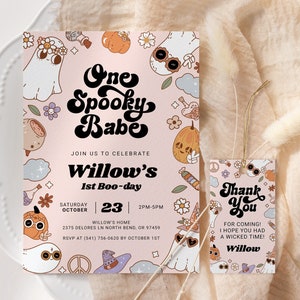 Eine gruselige Baby-Geburtstags-Einladung EDITIERBARE, Groovy Halloween-Geburtstags-Einladung, Hippie-Halloween-Party, gruseliger erster Geburtstag SH13