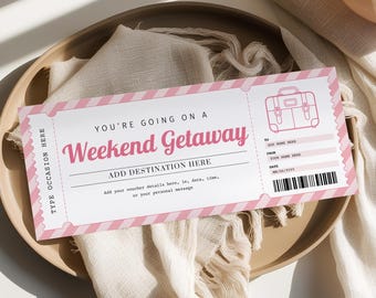 Weekend Getaway Voucher Template, Editable Pink Surprise Trip Ticket, Printable Birthday Travel Gift Certificate, Weekend Away Gift WG22