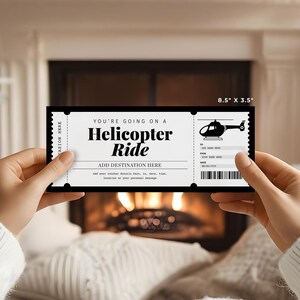 May include: A black and white printable voucher for a helicopter ride. The voucher is 8.5 inches by 3.5 inches and has a space to add a destination, date, time, location, or personal message.
