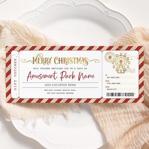 Boleto de Navidad para parque de atracciones EDITABLE, pase para parque temático, certificado de regalo para viaje sorpresa imprimible, vale de Navidad