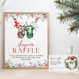 Tirage au sort de couches Noël signe de baby shower, joyeux petit jeu de baby shower signe imprimable, carte de tombola de baby shower d'hiver billet MLB25