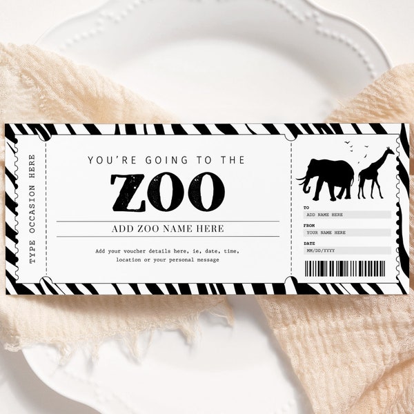 Zoo Trip Ticket Voucher EDITABLE, Zoo Gift Certificate Printable, Surprise Trip to The Zoo, Gift Coupon, Zoo Gift Card, Any Occasion