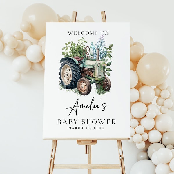 Greenery Tractor Baby Shower Welcome Sign EDITABLE, It's a Boy Shower Welcome Poster, Farm Baby Shower, Vintage Tractor Baby Shower GT05