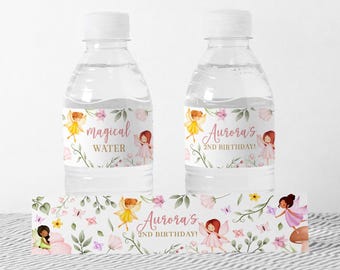 Fairy Birthday Water Bottle Labels EDITABLE, Magical Fairy Baby Shower Water Bottle Wraps, Whimsical Enchanted Garden Party Decor FM11