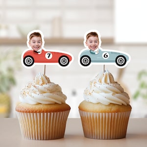 Race Car Photo Cupcake Toppers, Face Cupcake Toppers, Personalized Blue and Red Vintage Car Cupcake Toppers, Racing Birthday Party, ANY AGE