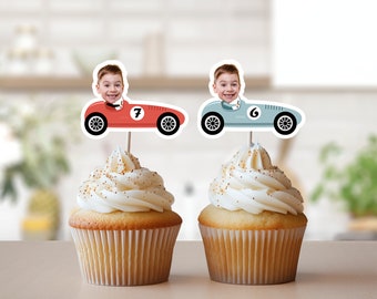 Race Car Photo Cupcake Toppers, Face Cupcake Toppers, Personalized Blue and Red Vintage Car Cupcake Toppers, Racing Birthday Party, ANY AGE