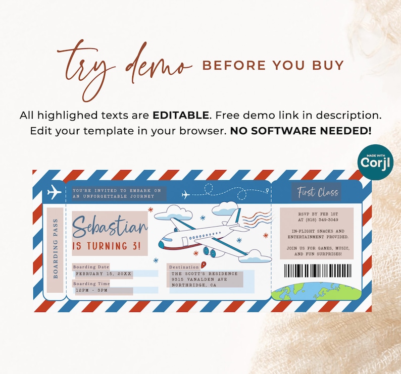 May include: A printable birthday invitation featuring an airplane theme with red, white and blue stripes. The invitation includes a cartoon aeroplane, clouds and stars. The text reads "Sebastian is turning 3!" and includes details such as the date, time and location of the party.