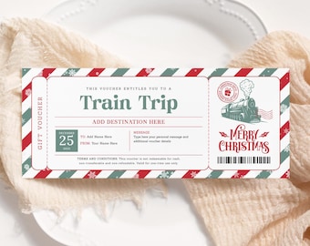 Boleto de tren navideño editable, plantilla imprimible de boleto de tren de Papá Noel, certificado de regalo para viaje sorpresa, tarjeta de embarque TT22