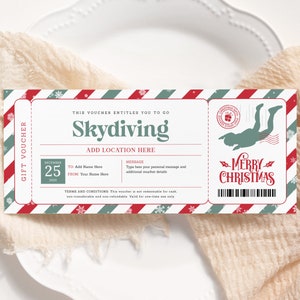 Fallschirmspringen Weihnachtskarte EDITIERBAR, Überraschungs-Fallschirmsprung-Geschenkgutschein, druckbarer Indoor-Fallschirmsprung-Gutschein, Weihnachtsgeschenkkarte