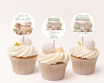 Vers van de markt bruids douche cupcake toppers BEWERKBAAR, boerenmarkt bruids douche, She's Off The Market gunst label FM14