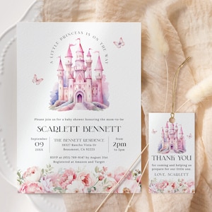 Pink Fairytale Castle Baby Shower Invitation EDITABLE, Princess Baby Shower Invitation Printable, Blush Pink Floral Girl Baby Shower PF18
