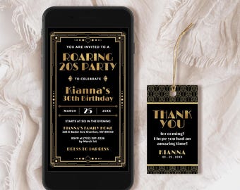 Invitación móvil editable de cumpleaños de Gatsby, invitación electrónica de cumpleaños de los locos años 20, art déco, bar clandestino, invitación digital para teléfono de fiesta de los años 20
