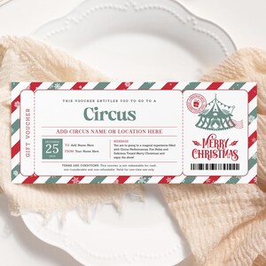 Boleto de regalo de circo navideño EDITABLE, plantilla de certificado de regalo de carnaval sorpresa, vale de regalo de circo para niños imprimible, carnaval navideño
