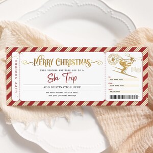Kerstkaart skireis BEWERKBAAR, cadeaubon verrassing skireis afdrukbaar, skivoucher, instapkaart skireis, coupon skipas