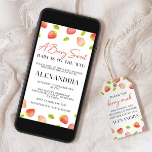Strawberry Baby Shower Digital Invitation EDITABLE, Berry Sweet Baby Shower Evite, Fruit Baby Shower Electronic Mobile Phone Invite SB11