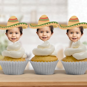 Adornos para cupcakes con foto de fiesta, adornos para cupcakes con cara de sombrero personalizados, adornos para cupcakes con imagen mexicana, etiquetas de caras imprimibles, CUALQUIER EDAD