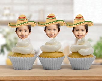 Adornos para cupcakes con fotos de fiesta, adornos personalizados para cupcakes con sombrero, adornos para cupcakes con fotos mexicanas, etiquetas faciales imprimibles, CUALQUIER EDAD