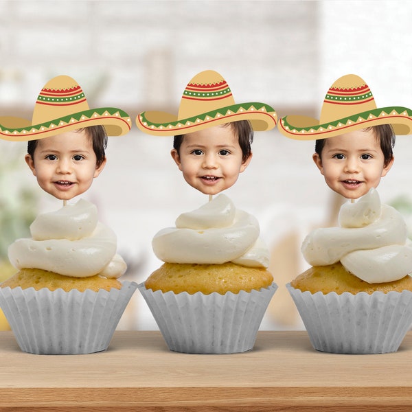 Sombrero Photo Cupcake Toppers, Face Cupcake Toppers, Personalized Mexican Fiesta Picture Cupcake Toppers, Printable Face Labels, ANY AGE