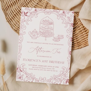 Floral Toile Nachmittagstee Geburtstagseinladung, bearbeitbare Garten High Tea Einladung, druckbare handgezeichnete Teeparty Geburtstagseinladung TA15