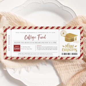 Certificado de Navidad del fondo universitario EDITABLE, tarjeta de regalo de ahorros para la universidad imprimible, regalo del fondo educativo, vale de contribución para la matrícula universitaria