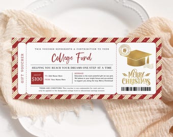 May include: A red and gold Christmas-themed gift voucher for a college fund. The voucher has a snowflake pattern and says "College Fund" and "Merry Christmas".