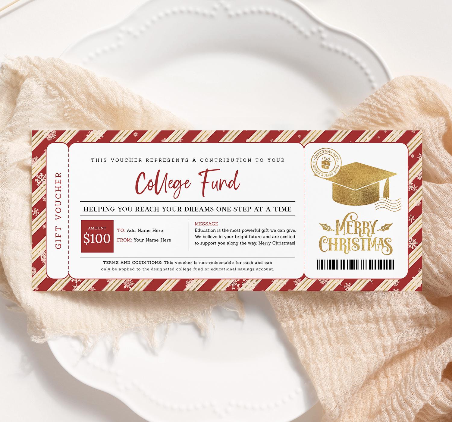 College Fund Christmas Certificate EDITABLE, College Savings Gift Card Printable, Education Fund Gift, College Tuition Contribution Voucher