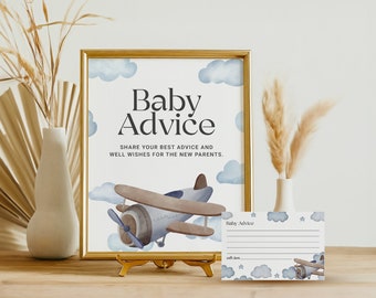 Baby Advice Blue Airplane Sign, Vintage Plane Boy Baby Shower Advice Cards Printable, Advice for New Parents, INSTANT DOWNLOAD AP13