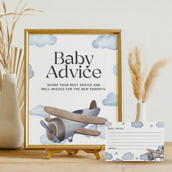 Baby Advice Blue Airplane Sign, Vintage Plane Boy Baby Shower Advice Cards Printable, Advice for New Parents, INSTANT DOWNLOAD AP13