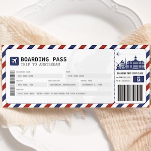 Amsterdam Boarding Pass EDITABLE, Netherlands Surprise Trip Gift Ticket, Printable Trip Voucher, Flight Airline Ticket, Trip to Amsterdam