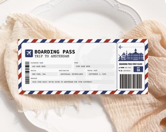 Amsterdam Boarding Pass EDITABLE, Netherlands Surprise Trip Gift Ticket, Printable Trip Voucher, Flight Airline Ticket, Trip to Amsterdam