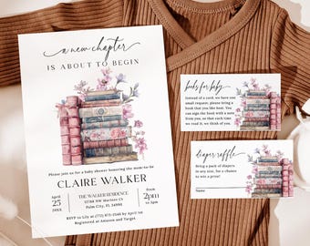 Storybook Baby Shower Invitation Set EDITABLE, New Chapter Baby Shower Invitation, Coquette Book Themed Baby Shower, Library Shower CB06