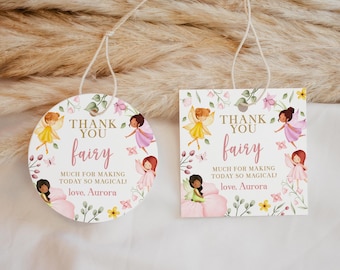 May include: Two round and square thank you tags with a floral design and fairies. The text reads "Thank you fairy, much for making today so magical! Love, Aurora".