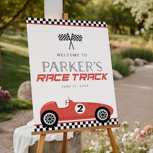 Rotes Rennauto-Geburtstag-Willkommensschild EDITIERBARE, zwei schnelle Geburtstagsfeier-Willkommensplakat, Racing Party Decor, rotes Vintage-Retro-Auto-Partyschild