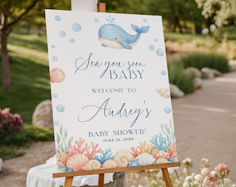 Tabliczka powitalna na baby shower z napisem „Sea You Soon”, edytowalna tabliczka z motywem oceanicznym, dekoracje na baby shower w stylu morskim, podwodne baby shower SE25