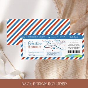 May include: A blue and red striped airplane ticket invitation for a 31st birthday party. The invitation features a cartoon airplane and the text "Sebastian is turning 31".